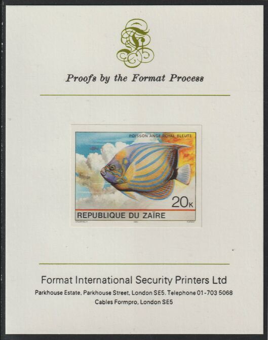 Zaire 1980 Tropical Fish 20c imperf mounted on Format International proof card