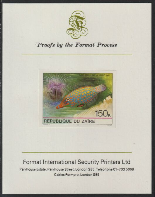 Zaire 1980 Tropical Fish 150c imperf mounted on Format International proof card