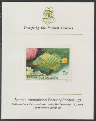 Zaire 1980 Tropical Fish 5z (ex m/sheet) imperf mounted on Format International proof card