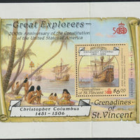 St Vincent - Grenadines 1988 Explorers the unissued $6 m/sheet (Santa Maria) with stamp perforated on three sides only (imperf at right) unmounted mint but creased.,(ex Format arcives)