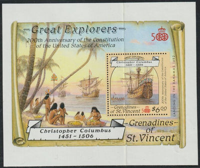 St Vincent - Grenadines 1988 Explorers the unissued $6 m/sheet (Santa Maria) with stamp perforated on three sides only (imperf at right) unmounted mint but creased.,(ex Format arcives)