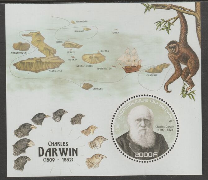 Benin 2017 Charles Darwin perf deluxe m/sheet containing one circular value unmounted mint