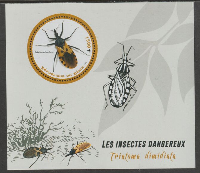 Benin 2018 Endangered Insects - Triatoma dimidiata perf deluxe m/sheet containing one circular value unmounted mint