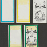 Bernera 1982 75th Anniversary of Scouting imperf souvenir sheet (£1 value) - the set of 5 imperf progressive proofs comprising 3 individual colours, 2 colour composite and all 3 colours as issued unmounted mint