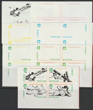 Gairsay 1982 75th Anniversary of Scouting sheet of 4 values - the set of 7 imperf progressive proofs comprising the 4 individual colours, 2, 3 and all 4 colour composites unmounted mint