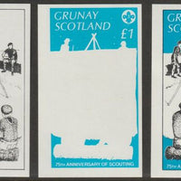 Grunay 1982 75th Anniversary of Scouting imperf souvenir sheet (£1 value) - the set of 3 imperf progressive proofs comprising the 2 individual colours plus both colours as issued unmounted mint