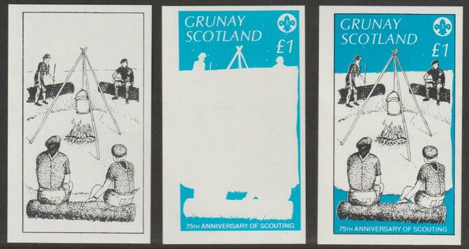 Grunay 1982 75th Anniversary of Scouting imperf souvenir sheet (£1 value) - the set of 3 imperf progressive proofs comprising the 2 individual colours plus both colours as issued unmounted mint