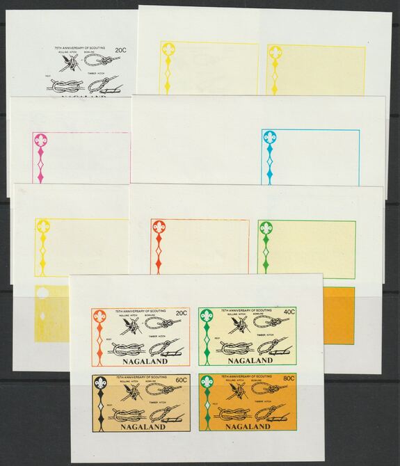 Nagaland 1982 75th Anniversary of Scouting sheet of 4 values - the set of 7 imperf progressive proofs comprising the 4 individual colours, 2, 3 and all 4 colour composites unmounted mint