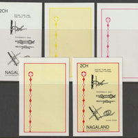 Nagaland 1982 75th Anniversary of Scouting imperf deluxe sheet (2ch value) - the set of 5 imperf progressive proofs comprising 3 individual colours, 2 colour composite and all 3 colours as issued unmounted mint