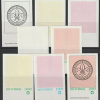 Iso - Sweden 1982 75th Anniversary of Scouting imperf deluxe sheet (1000 value) - the set of 8 imperf progressive proofs comprising the 4 individual colours, 2, 3 & all 4 colour composites unmounted mint