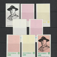 Iso - Sweden 1982 75th Anniversary of Scouting imperf souvenir sheet (600 value) - the set of 8 imperf progressive proofs comprising the 4 individual colours, 2, 3 & all 4 colour composites unmounted mint