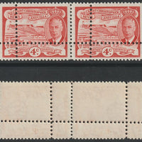 St Kitts-Nevis 1952 KG6 Full Face 4c (SG97) horiz pair,with forged doubled perfs (stamps are quartered) unmounted mint. Note: the stamps are genuine but the additional perfs are a slightly different gauge identifying it to be a forgery.