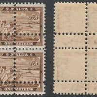 Malta 1938 KG6 Grand Harnour 1/4d (SG217) block of 4 with forged doubled perfs (stamps are quartered) unmounted mint. Note: the stamps are genuine but the additional perfs are a slightly different gauge identifying it to be a forgery.