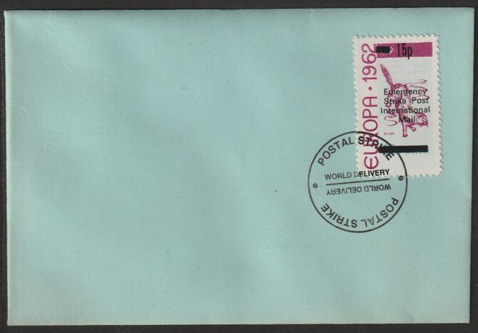 Stroma 1971 British Postal Strike cover bearing 1962 Europa1s 6d Otter surcharged 15p and tied with World Delivery Postal Strike cancellation