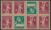 Switzerland 1914 Tell 10c & Tell's Son 5c se-tenant tete-beche block of 8 unmounted mint