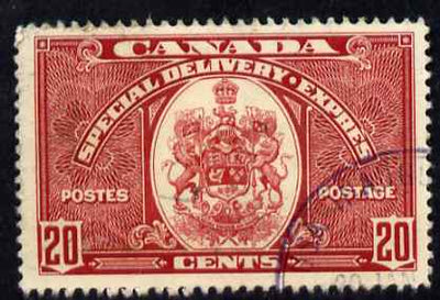 Canada 1938-39 Special Delivery 20c scarlet (Arms of canada) fine corner cancel, SG S10