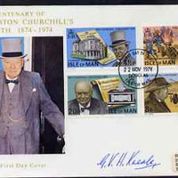 Isle of Man 1974 Churchill Centenary perf set of 4 on illustrated cover with first day cancel signed by G V H Kneale, the designer of the stamps