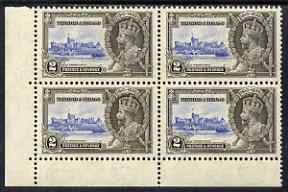 Trinidad & Tobago 1935 Silver Jubilee 2c corner block of 4, one stamp with ‘Extra Flagstaff’ variety, unmounted mint but slight signs of toning not visible from the front, SG239a