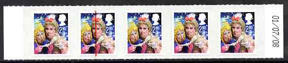 Great Britain 2008 Christmas 2nd class self adhesive strip of 5 (Ugly Sisters) with fine Doctor Blade flaw down stamp 2, as SG 2876