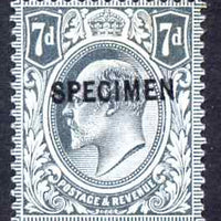 Great Britain 1902-11 KE7 7d grey-black overprinted with SPECIMEN (type 26) fine mounted mint, SG spec M38s (ex NPM archives) cat £250