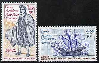 French Southern & Antarctic Territories 1980 Sebastian de El Cano (Discoverer of Amsterdam Is) perf set of 2 unmounted mint SG 141-2