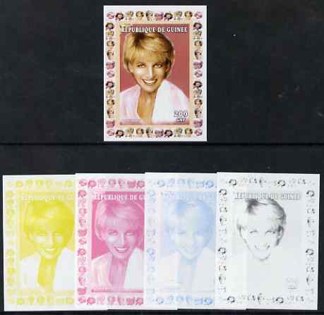 Guinea - Conakry 1997 Princess Diana 200f series #3 imperf deluxe sheet the set of 5 progressive proofs comprising the 4 individual colours plus all 4-colour composite, unmounted mint