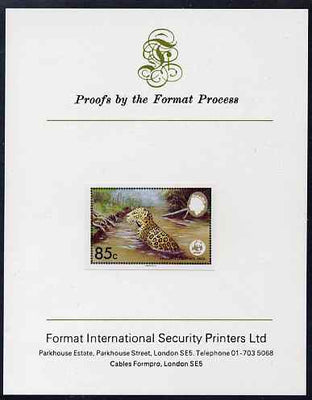 Belize 1983 WWF - Jaguar 85c (Jaguar in river) imperf proof mounted on Format International Proof card, as SG 758