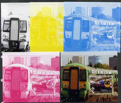 Somalia 2006 Modern Trains #4 souvenir sheet with Scout Logo, the set of 5 imperf progressive proofs comprising the 4 individual colours plus all 4-colour composite, unmounted mint