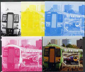 Somalia 2006 Modern Trains #4 souvenir sheet with Scout Logo, the set of 5 imperf progressive proofs comprising the 4 individual colours plus all 4-colour composite, unmounted mint