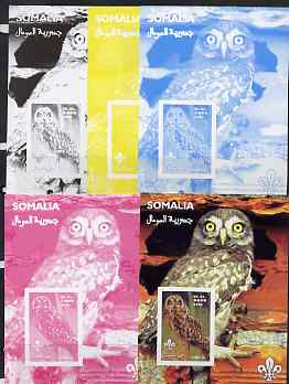 Somalia 2002 Owls #1 s/sheet with Scouts Logo, the set of 5 imperf progressive proofs comprising the 4 individual colours plus all 4-colour composite, unmounted mint