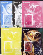 Somalia 2002 Owls #3 s/sheet with Scouts Logo, the set of 5 imperf progressive proofs comprising the 4 individual colours plus all 4-colour composite, unmounted mint