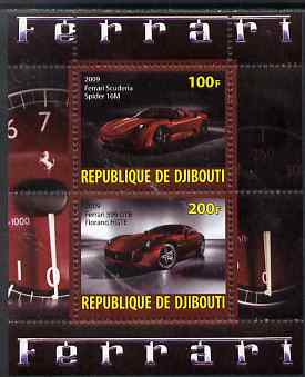 Djibouti 2009 Ferrari Cars #1 perf sheetlet containing 2 values (Spider 16M & 599 GTB) unmounted mint