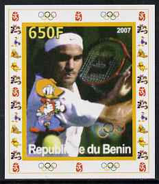 Benin 2007 Tennis #08 - Roger Federer individual imperf deluxe sheet with Olympic Rings & Disney Character unmounted mint