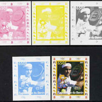 Benin 2007 Tennis #08 - Roger Federer individual deluxe sheet with Olympic Rings & Disney Character - the set of 5 imperf progressive proofs comprising the 4 individual colours plus all 4-colour composite, unmounted mint