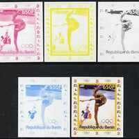 Benin 2007 Gymnastics #3 - individual deluxe sheet with Olympic Rings & Disney Character - the set of 5 imperf progressive proofs comprising the 4 individual colours plus all 4-colour composite, unmounted mint