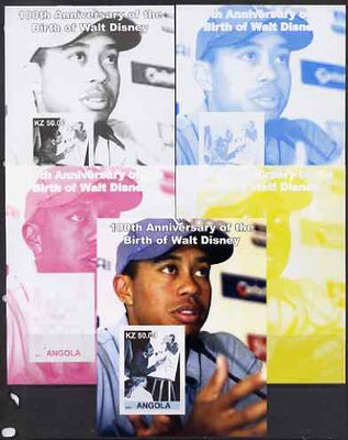 Angola 2001 Birth Centenary of Walt Disney #02 s/sheet - Disney & Tiger Woods - the set of 5 imperf progressive proofs comprising the 4 individual colours plus all 4-colour composite, unmounted mint