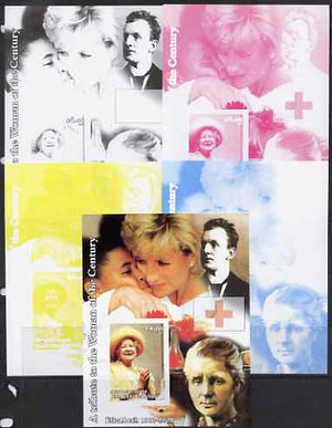 Westpoint Island (Falkland Islands) 2002 A Tribute to the Woman of the Century #5 Queen Mother souvenir sheet (Also shows Diana & Marie Curie) - the set of 5 imperf progressive proofs comprising the 4 individual colours plus all 4……Details Below