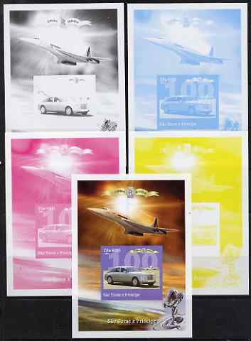 St Thomas & Prince Islands 2004 Rolls Royce Centenary #02 s/sheet - the set of 5 imperf progressive proofs comprising the 4 individual colours plus all 4-colour composite, unmounted mint