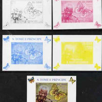 St Thomas & Prince Islands 2009 Nelson Mandela & Butterfly #1 individual deluxe sheet - the set of 5 imperf progressive proofs comprising the 4 individual colours plus all 4-colour composite, unmounted mint