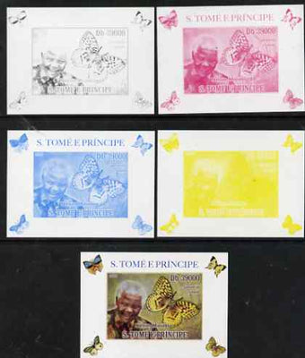 St Thomas & Prince Islands 2009 Nelson Mandela & Butterfly #1 individual deluxe sheet - the set of 5 imperf progressive proofs comprising the 4 individual colours plus all 4-colour composite, unmounted mint