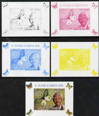 St Thomas & Prince Islands 2009 Nelson Mandela & Butterfly #2 individual deluxe sheet - the set of 5 imperf progressive proofs comprising the 4 individual colours plus all 4-colour composite, unmounted mint