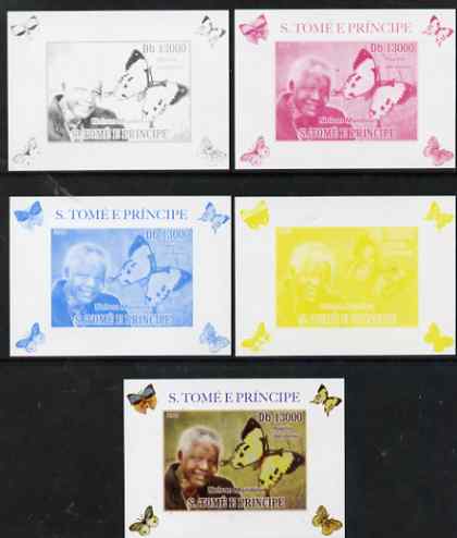 St Thomas & Prince Islands 2009 Nelson Mandela & Butterfly #3 individual deluxe sheet - the set of 5 imperf progressive proofs comprising the 4 individual colours plus all 4-colour composite, unmounted mint