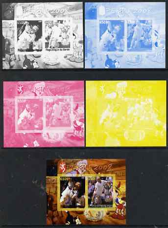 Benin 2007 Beijing Olympic Games #12 - Tennis (3) s/sheet containing 2 values (Disney characters in background) - the set of 5 imperf progressive proofs comprising the 4 individual colours plus all 4-colour composite, unmounted mint