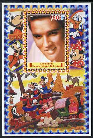 Congo 2005 Elvis Presley #03 perf s/sheet with Disney characters in background unmounted mint. Note this item is privately produced and is offered purely on its thematic appeal