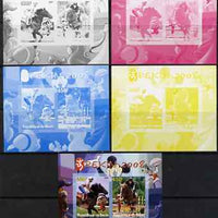 Benin 2007 Beijing Olympic Games #03 - Show Jumping (3) s/sheet containing 2 values (Disney characters in background) - the set of 5 imperf progressive proofs comprising the 4 individual colours plus all 4-colour composite, unmounted mint