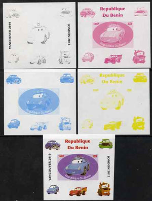 Benin 2009 Disney's Lightning McQueen & Olympics #01 individual deluxe sheet the set of 5 imperf progressive proofs comprising the 4 individual colours plus all 4-colour composite, unmounted mint