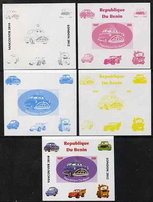 Benin 2009 Disney's Lightning McQueen & Olympics #03 individual deluxe sheet the set of 5 imperf progressive proofs comprising the 4 individual colours plus all 4-colour composite, unmounted mint