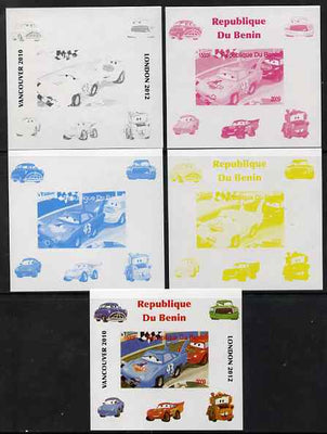 Benin 2009 Disney's Lightning McQueen & Olympics #04 individual deluxe sheet the set of 5 imperf progressive proofs comprising the 4 individual colours plus all 4-colour composite, unmounted mint