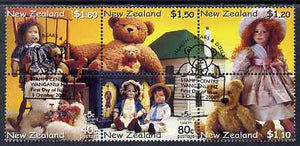 New Zealand 2000 Health - Teddy Bears & Dolls perf se-tenant block of 6 fine used, SG 2360-65