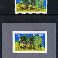 Nigeria 1977 First All-Africa Scout Jamboree imperf stamp-sized machine proof of 25k value mounted on small grey card as submitted for approval, similar to issued stamp but lettering is strengthened, plus issued stamp SG 371